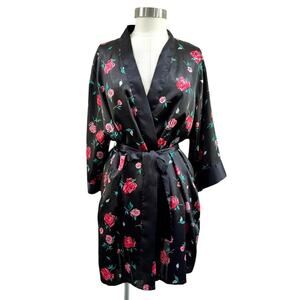Vintage Satin Floral Robe Black Silk Feel Kimono Coquette Y2K M